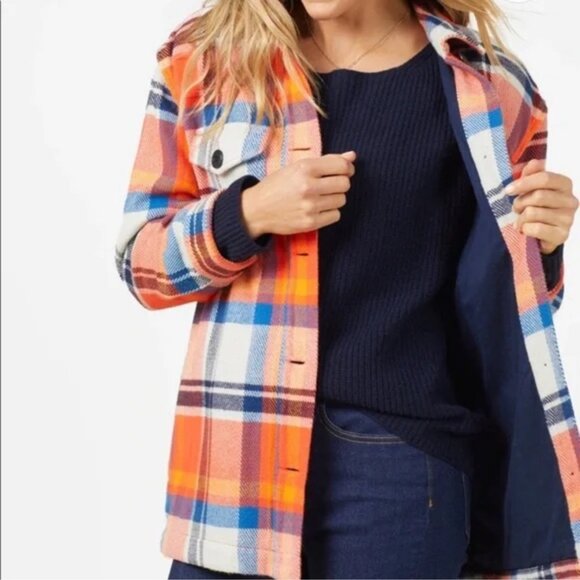 Outerknown Blanket Shirt Jacket Flame Mav Orange Red Plaid Size Small - Picture 2 of 14